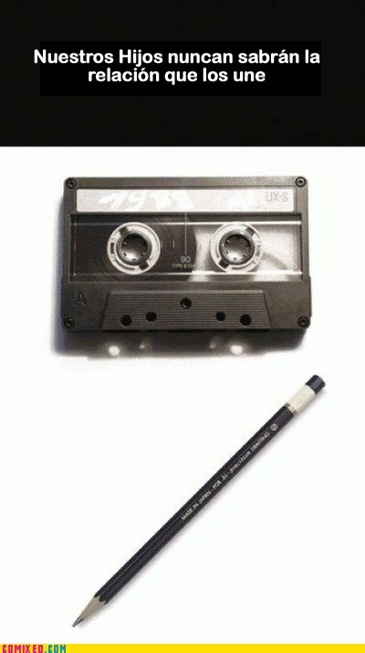 cinta, cassette, CD, musica, lapiz, viñeta, humor, vintage
